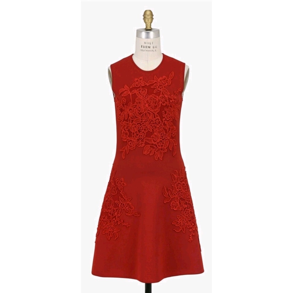 Elie Saab Cadillac Red Knit Soutache Dress Floral Braid Round Neck A-line Midi